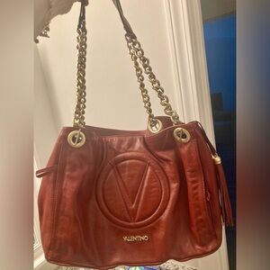 Mario Valentino Verra Made in Italy Cognac Leather Bag Chain Strap V Tote